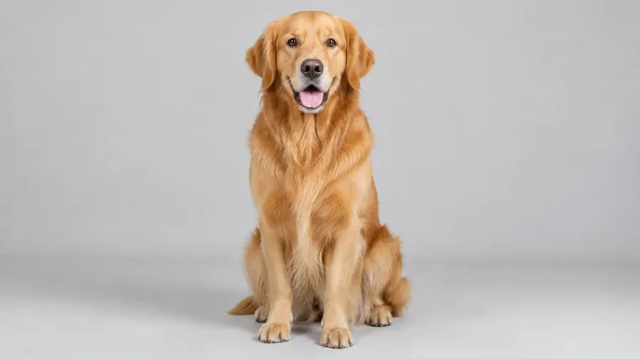 Golden retriever sitting on a plain grey studio floor, the source photo uploaded before a background change on getimg.ai