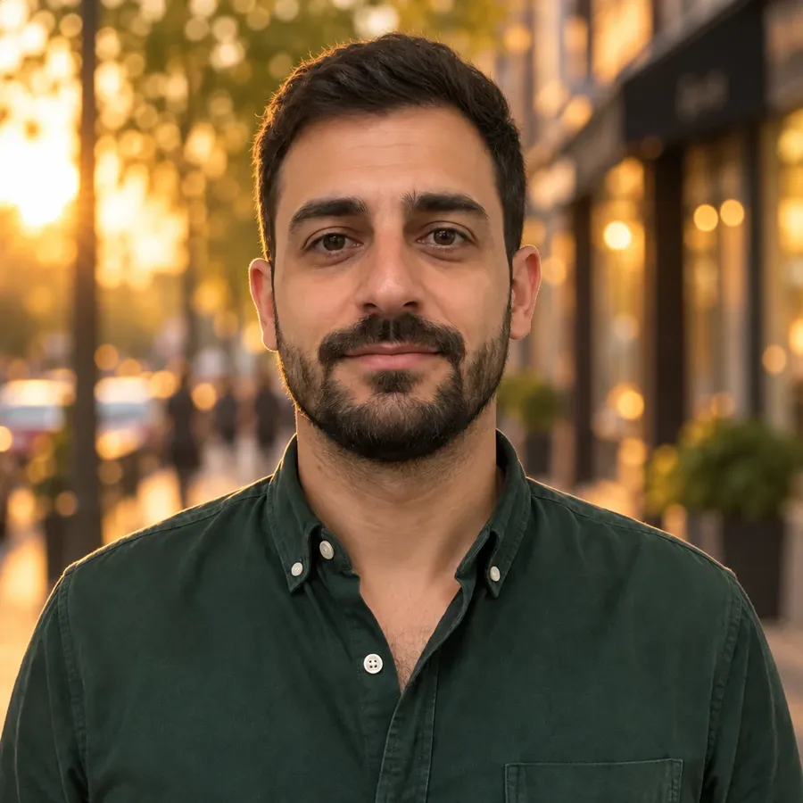 Man in a green shirt on a golden-hour city street, one of four backgrounds from one source photo on getimg.ai