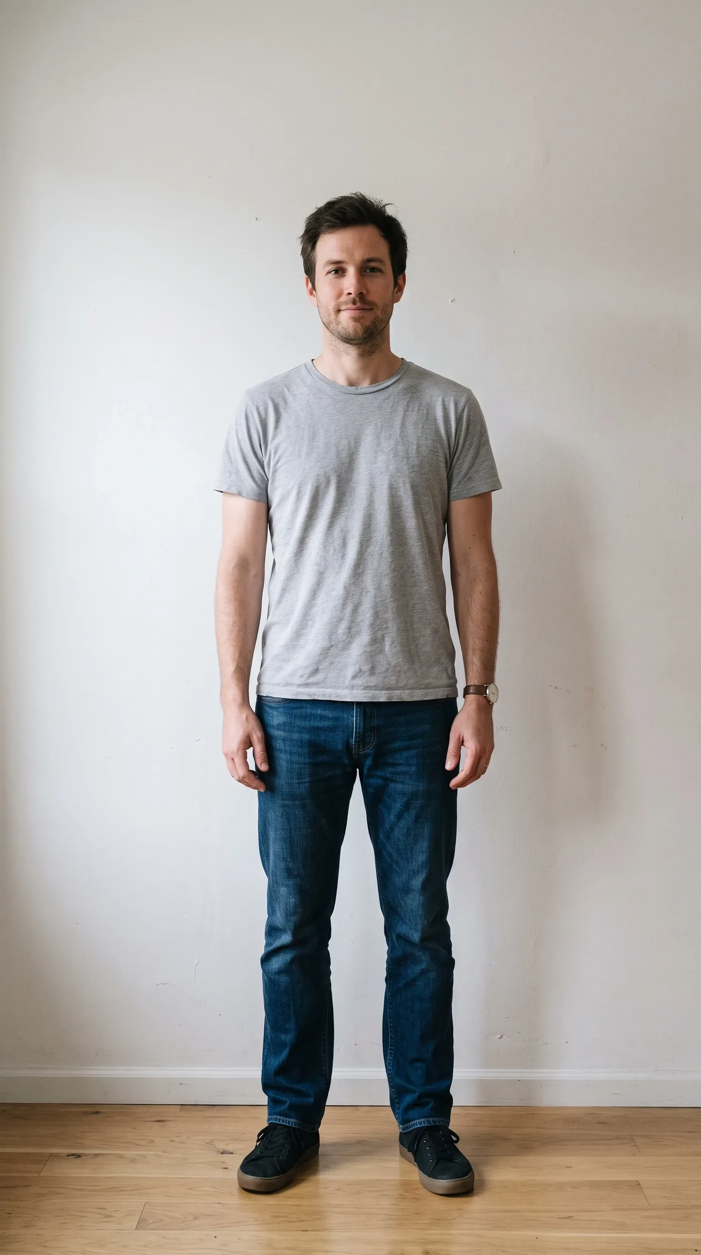 Man in a grey t-shirt against a plain white wall, the source photo before the subject is blended into a new scene