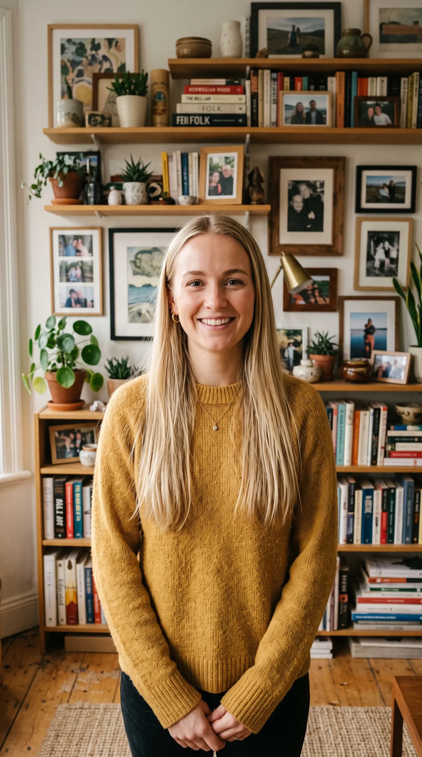 Woman in a mustard sweater in front of a cluttered living room wall, the source before a background color change