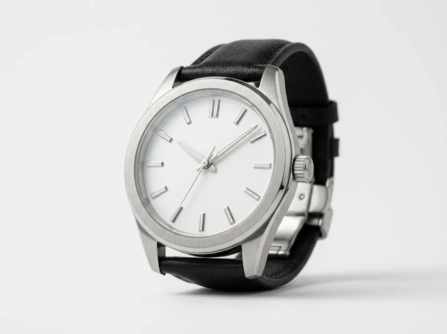 Brushed steel wristwatch upright on a plain white surface, the source photo for the getimg.ai background change test