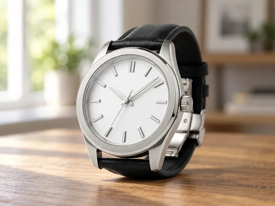 Steel wristwatch moved onto a wooden table in a window-lit interior with the framing unchanged, a getimg.ai test
