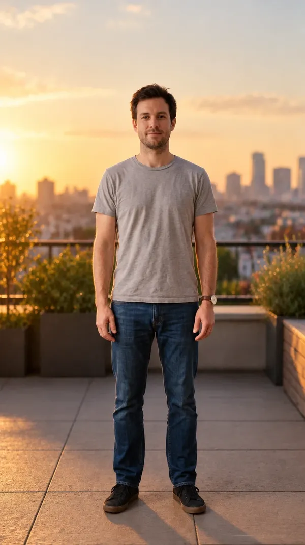 Man blended into a golden-hour rooftop scene with lighting adapted to the new setting, made on getimg.ai