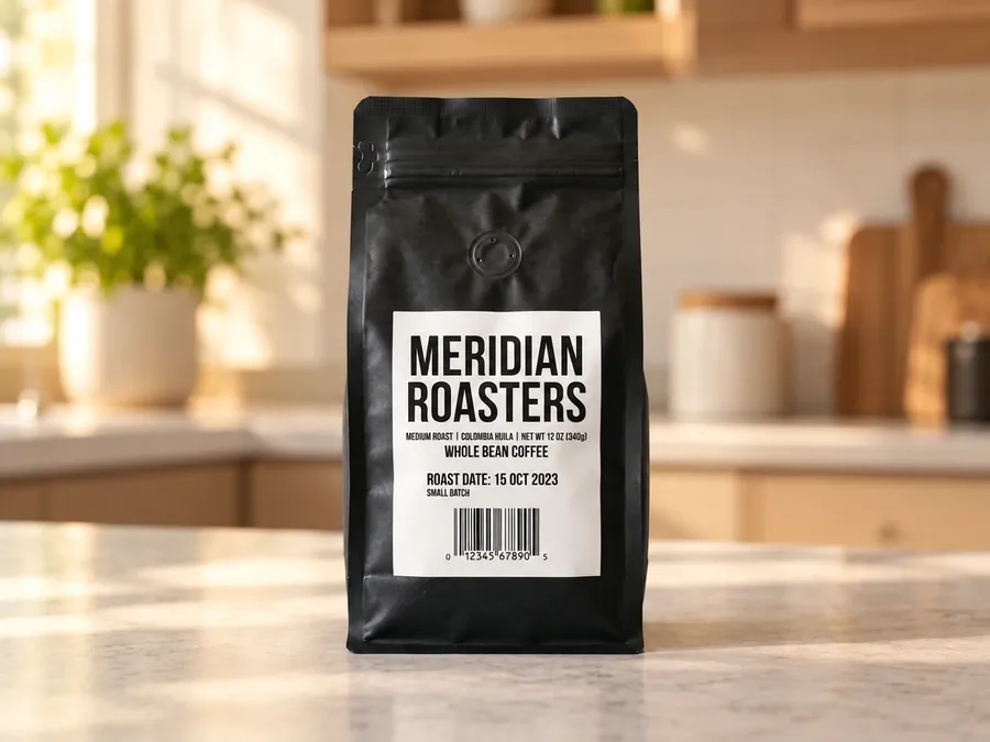 Coffee bag moved onto a kitchen counter with the framing and label unchanged, a getimg.ai background change test