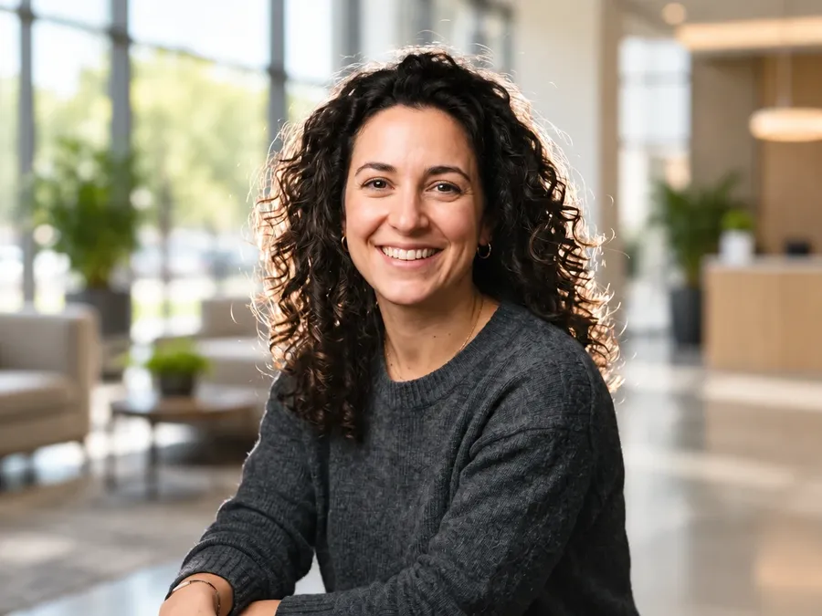 Backlit curly hair portrait moved into an office lobby with the framing unchanged, a getimg.ai test result