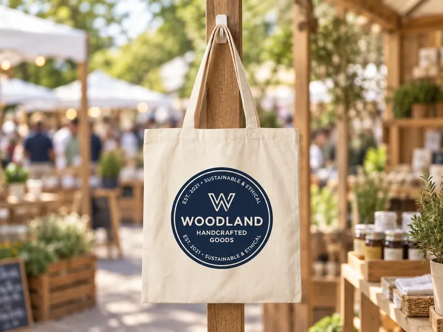 Canvas tote with a navy logo moved into an outdoor market with the framing unchanged, a getimg.ai test