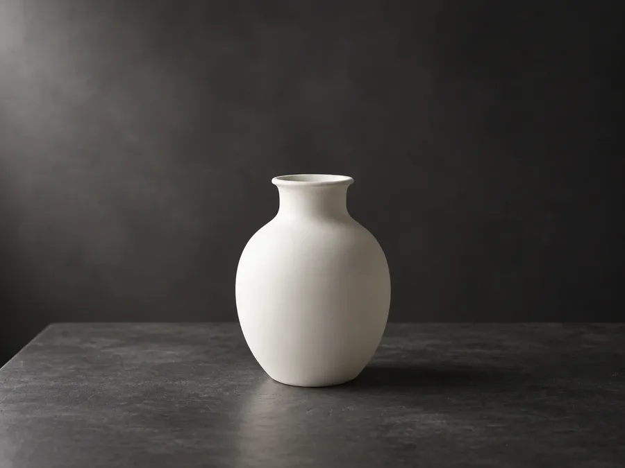 White vase moved from a low-contrast table to a dark studio with the framing unchanged, a getimg.ai test