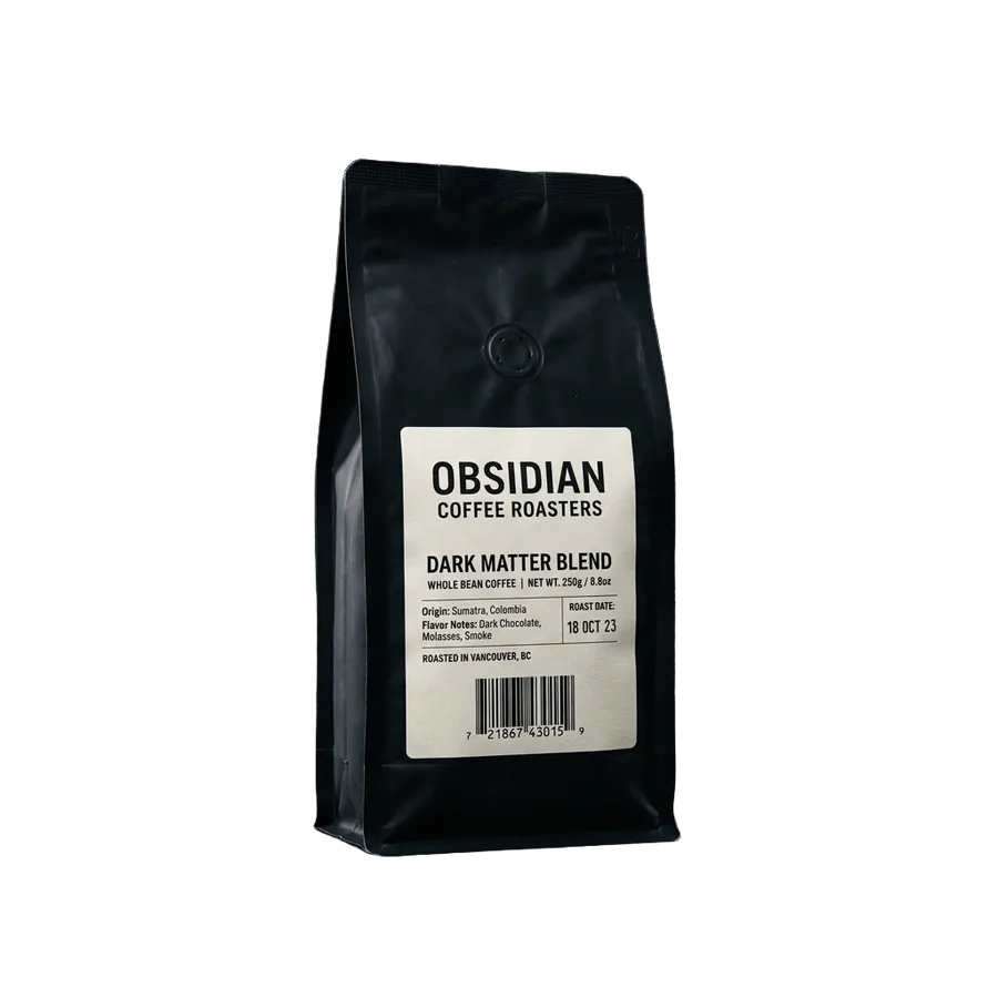 The same coffee bag on a transparent background with the label text, roast date and barcode still legible, background removed with getimg.ai