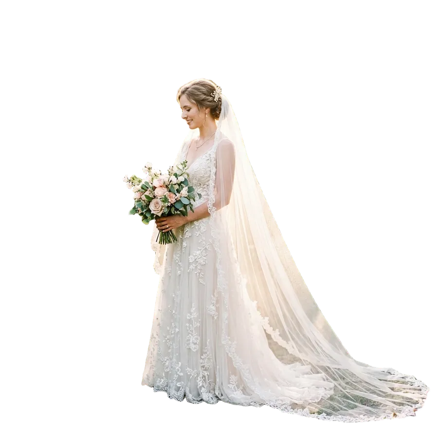 The same bride cut out onto a transparent background with the veil's semi-transparency partly preserved, background removed with getimg.ai
