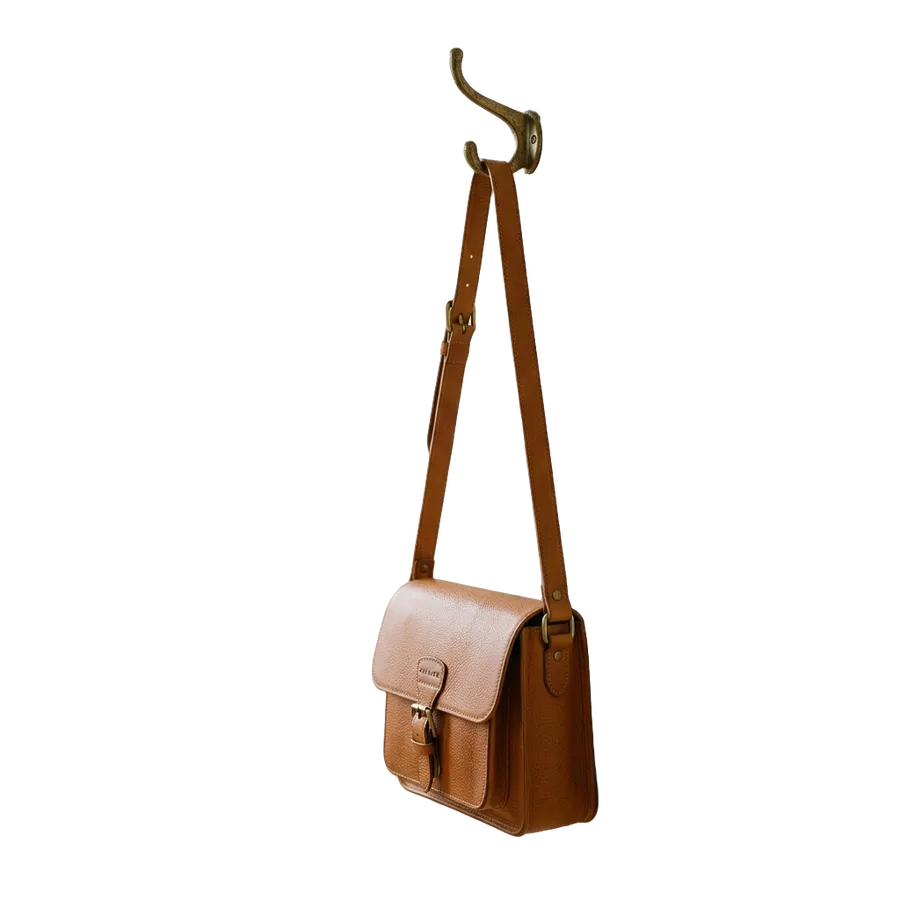 Tan leather crossbody bag cut out from a brick wall photo onto a transparent background, generated and cut out with getimg.ai