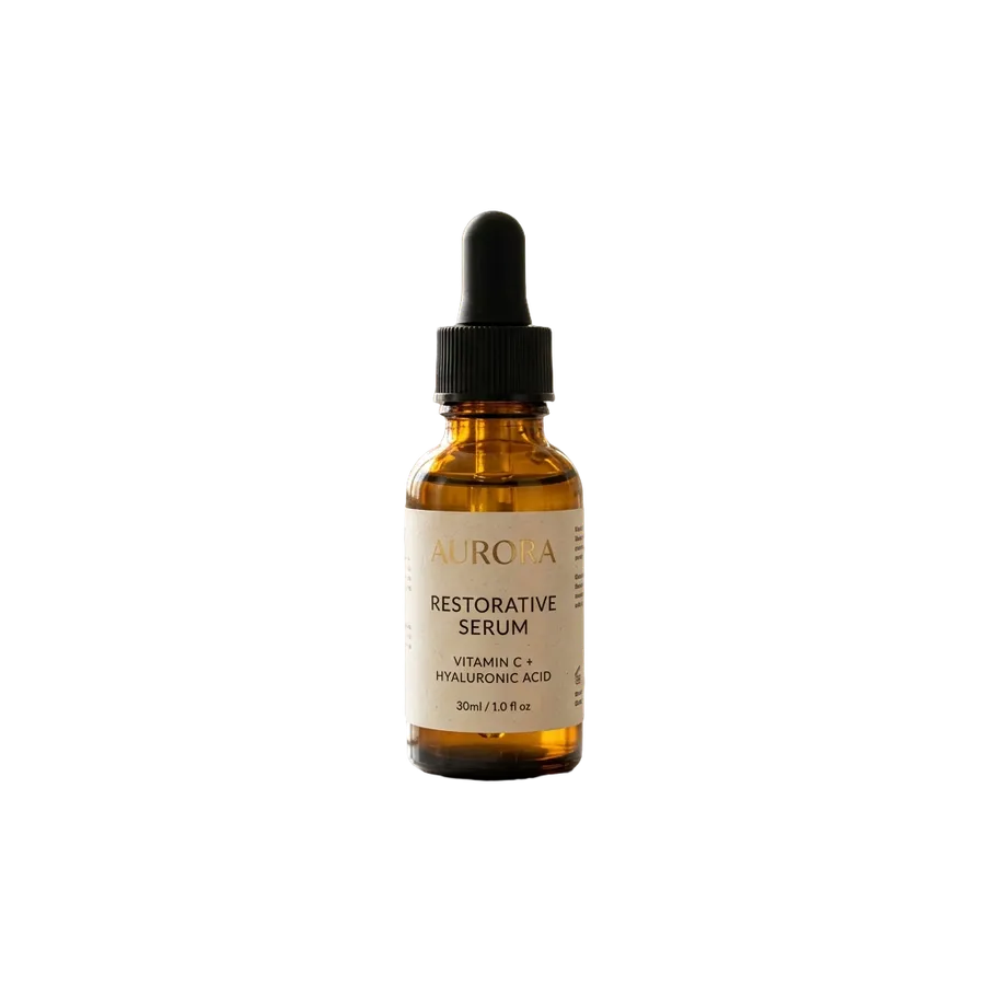 Amber glass serum bottle with a printed label cut out from a bathroom shelf photo onto a transparent background, generated and cut out with getimg.ai