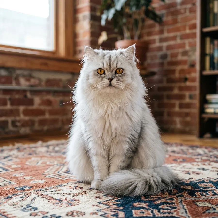 Long-haired silver Persian cat sitting on a patterned rug in front of a red brick wall, the original image before background removal, generated with getimg.ai