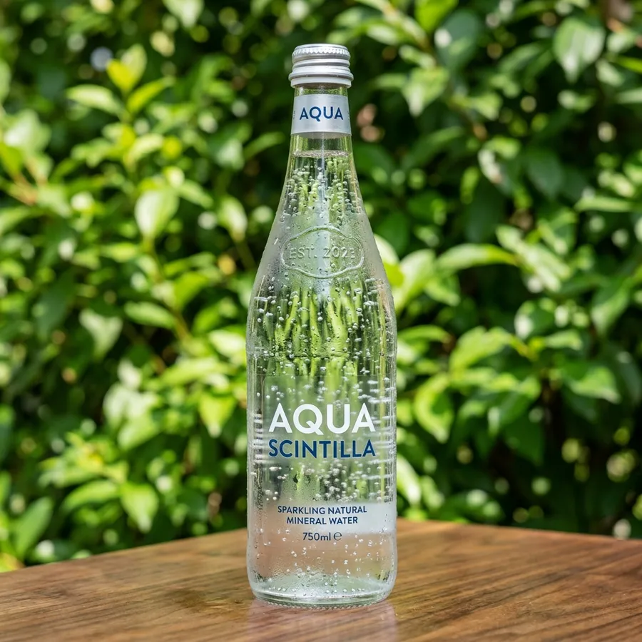 Clear glass bottle of sparkling water on a walnut table in front of dense green foliage, the original image before background removal, generated with getimg.ai
