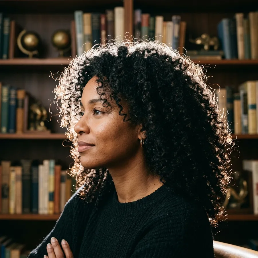 Portrait of a woman with voluminous backlit curly hair standing in front of a cluttered wooden bookshelf, the original image before background removal, generated with getimg.ai