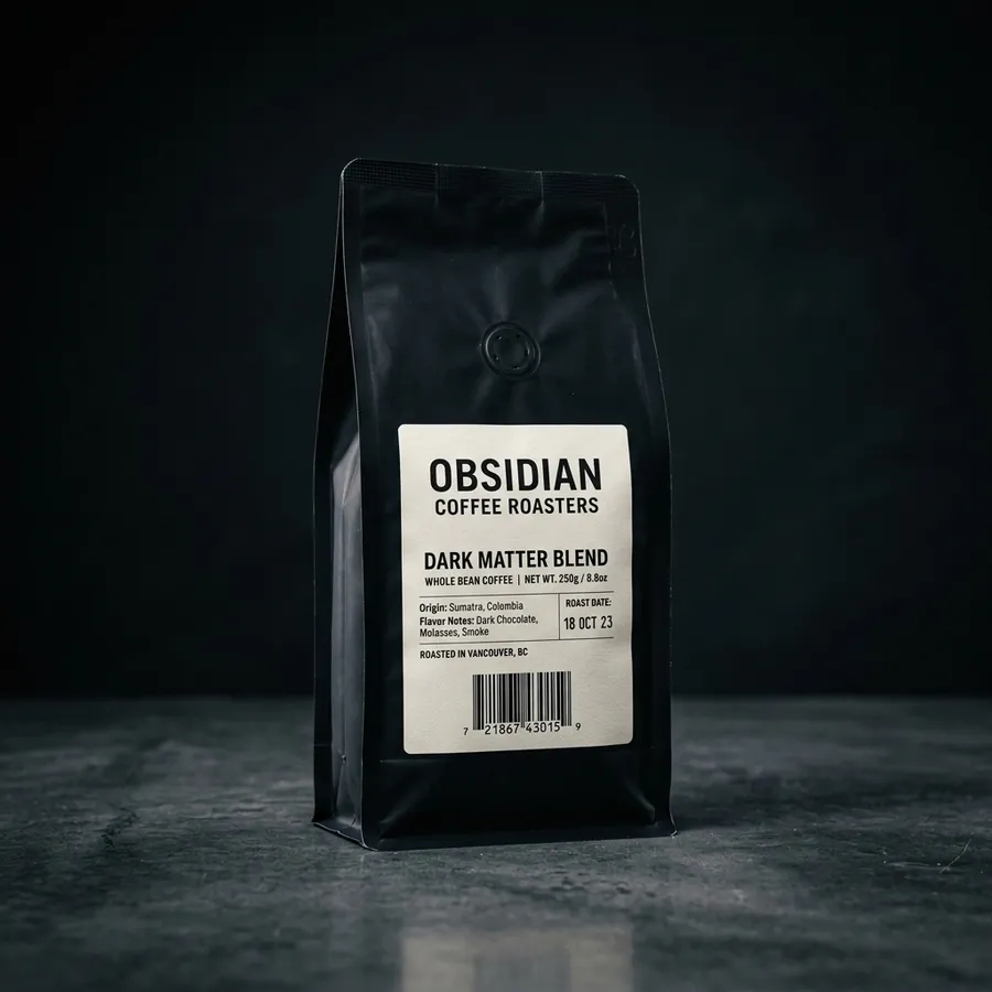 Matte black coffee bag with a printed label, roast date and barcode on dark concrete, the original image before background removal, generated with getimg.ai