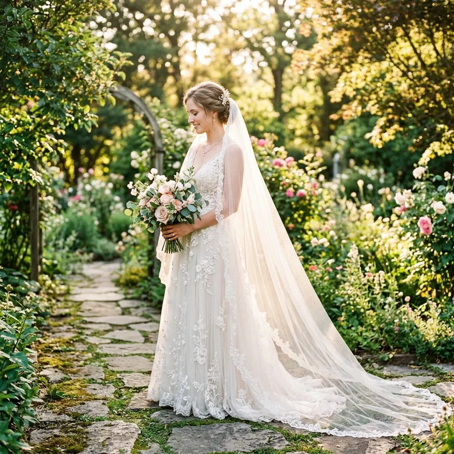 Bride in a lace dress wearing a long translucent tulle veil in a sunlit garden, the original image before background removal, generated with getimg.ai