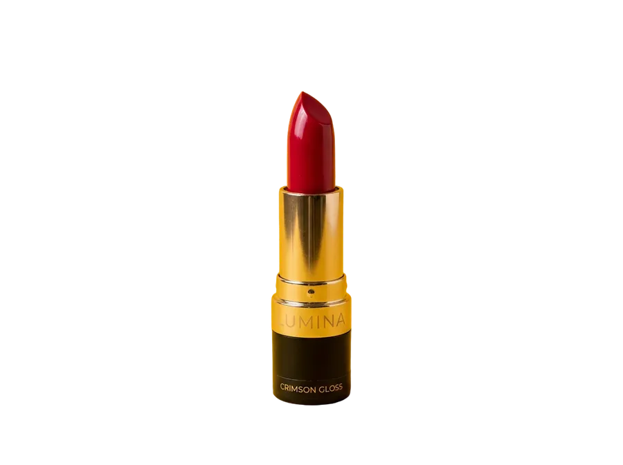 Crimson red lipstick in a gold and black case cut out from a yellow studio backdrop onto a transparent background for use across ad creatives, made with getimg.ai