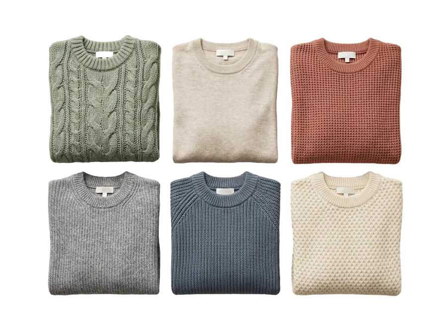 Six folded knitwear sweaters in muted colours cut out onto a transparent background in one batch for a catalogue, made with getimg.ai