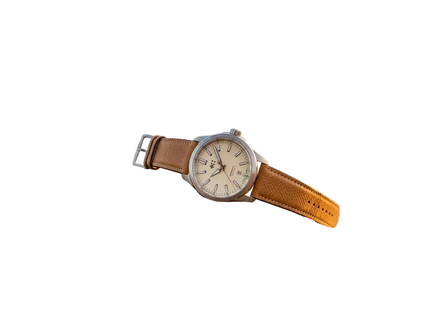Tan leather wristwatch cut out from a seaside driftwood photo onto a transparent background, ready to be placed into a new AI-generated scene, made with getimg.ai