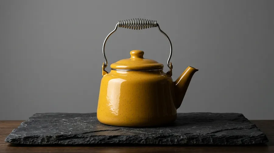 Mustard yellow enamel camping kettle on dark slate against a plain mid-grey wall with crisp directional light, an example of strong tonal separation between subject and background, generated with getimg.ai