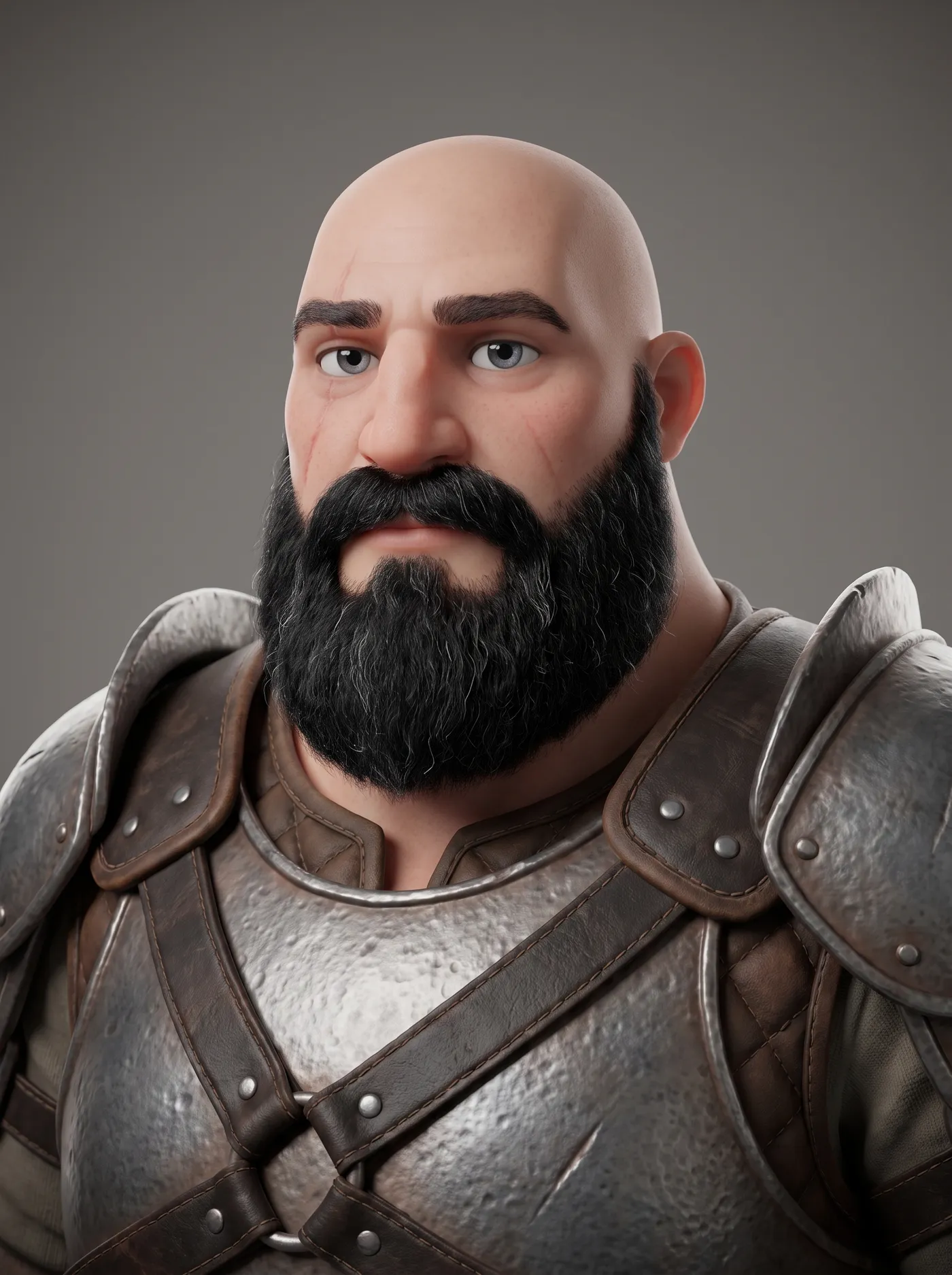 Character creator result on getimg.ai: a stylized 3D render of a heavyset bald warrior with a thick black beard and a facial scar, wearing worn steel-and-leather armour against a grey studio background. Generated entirely from chosen character options.