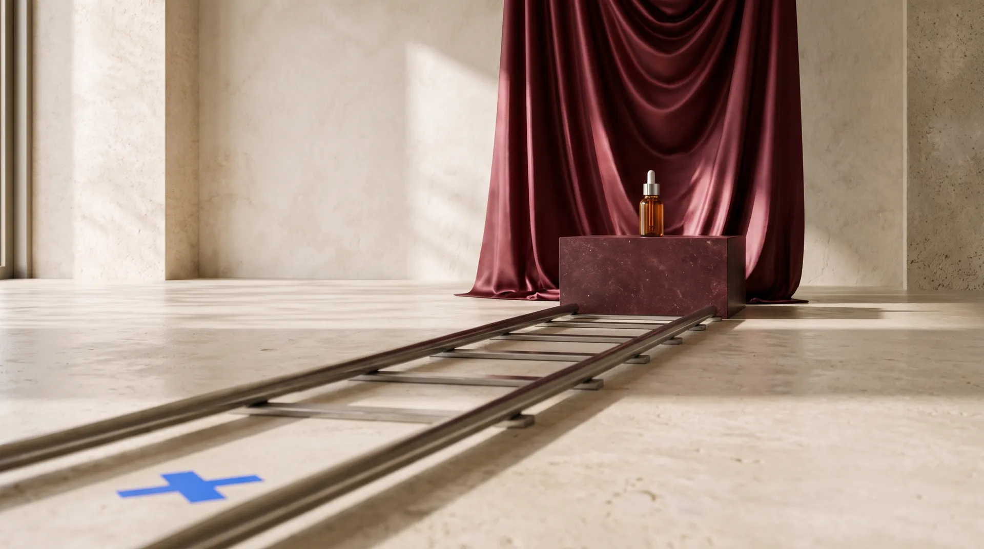 Empty film studio with a steel camera dolly track running across a pale stone floor toward an amber glass serum bottle on a burgundy stone plinth, burgundy satin drapery behind it and a blue tape cross marked on the floor, featured image for an image-to-video AI model test for product ads, generated on getimg.ai