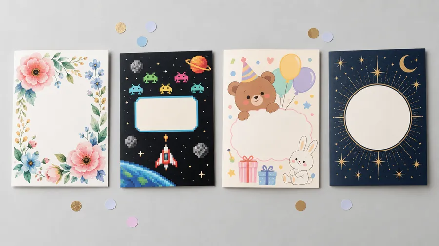 Four birthday card designs in different styles laid flat on a grey surface with confetti