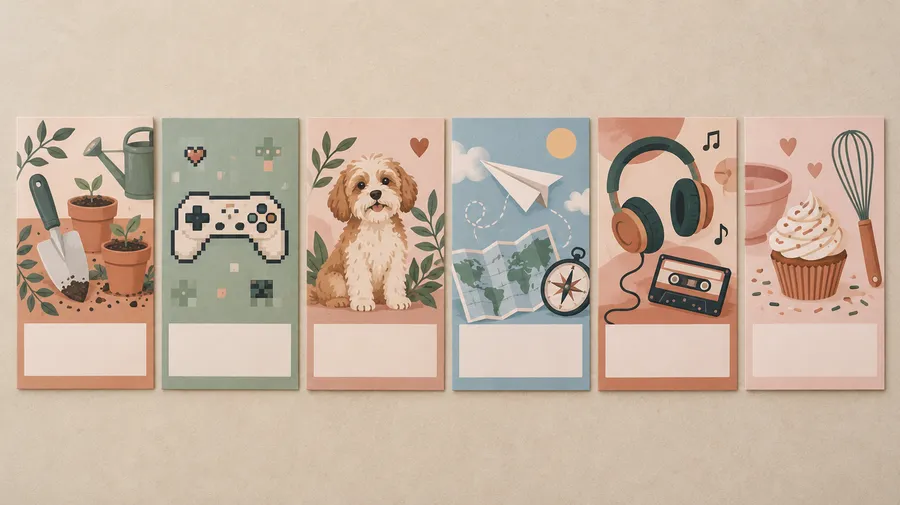 Six birthday cards themed around gardening, gaming, pets, travel, music and baking