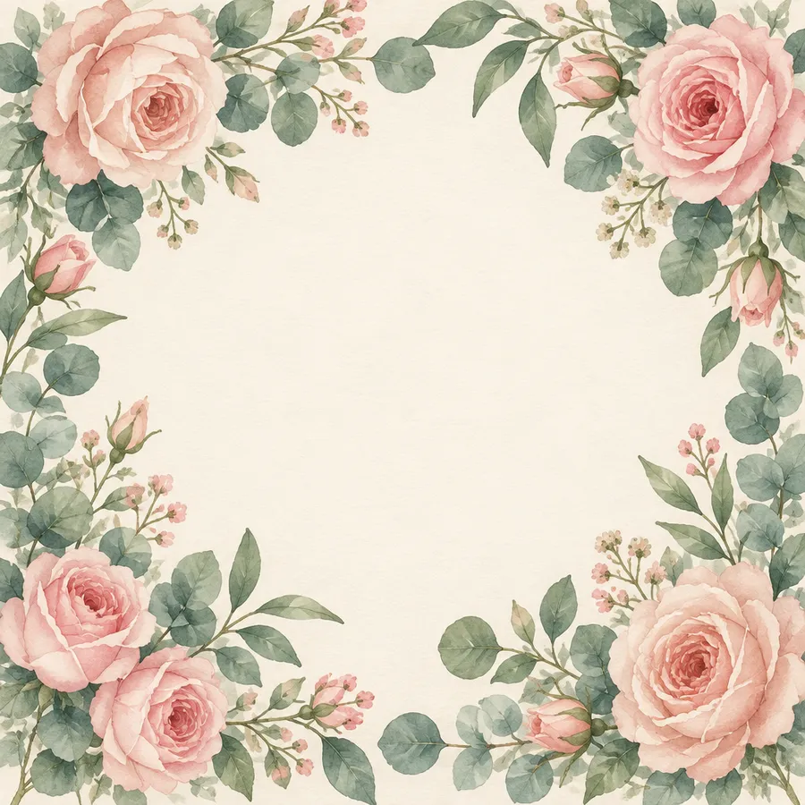 Watercolor birthday card artwork with pink roses and eucalyptus framing a blank cream centre