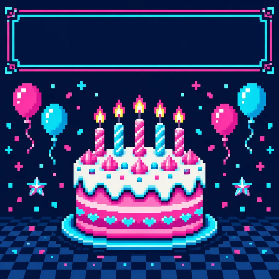 Pixel art birthday card artwork with a cake, candles and confetti on a dark navy background