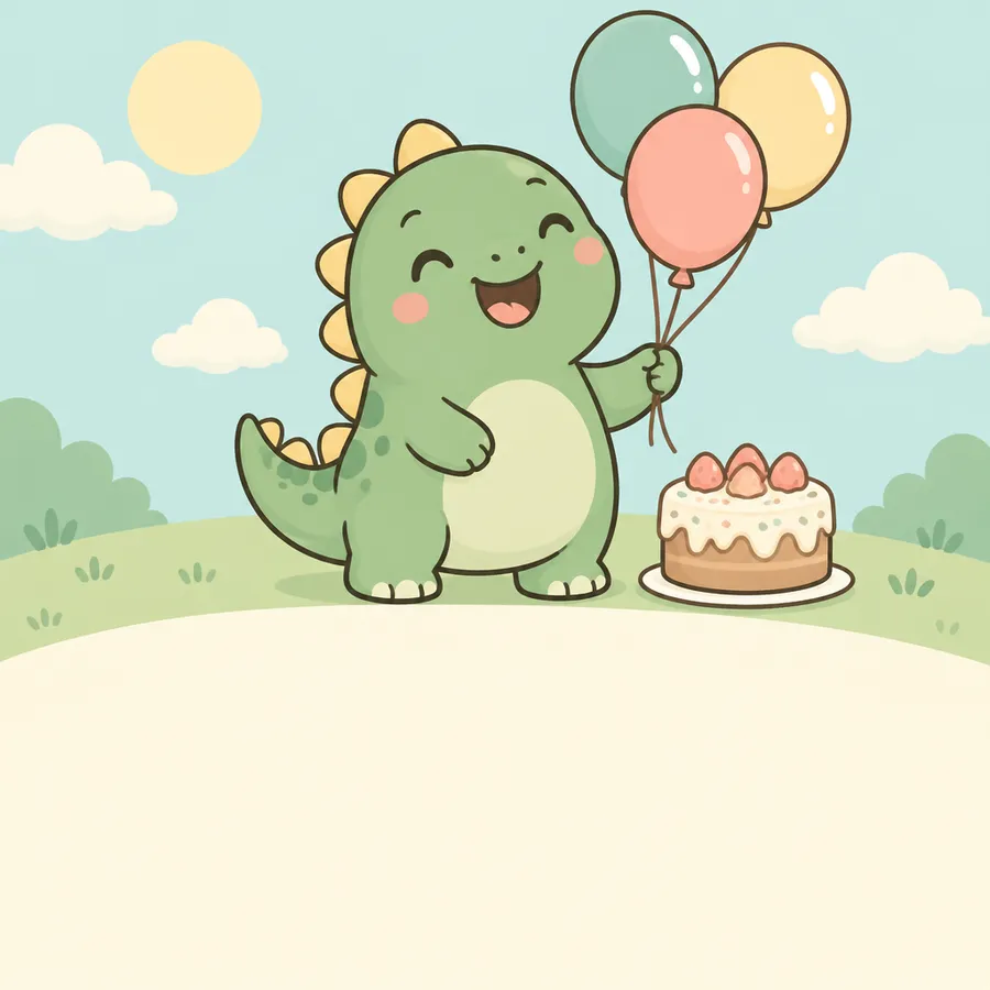 Cartoon birthday card artwork with a green dinosaur holding balloons beside a small cake