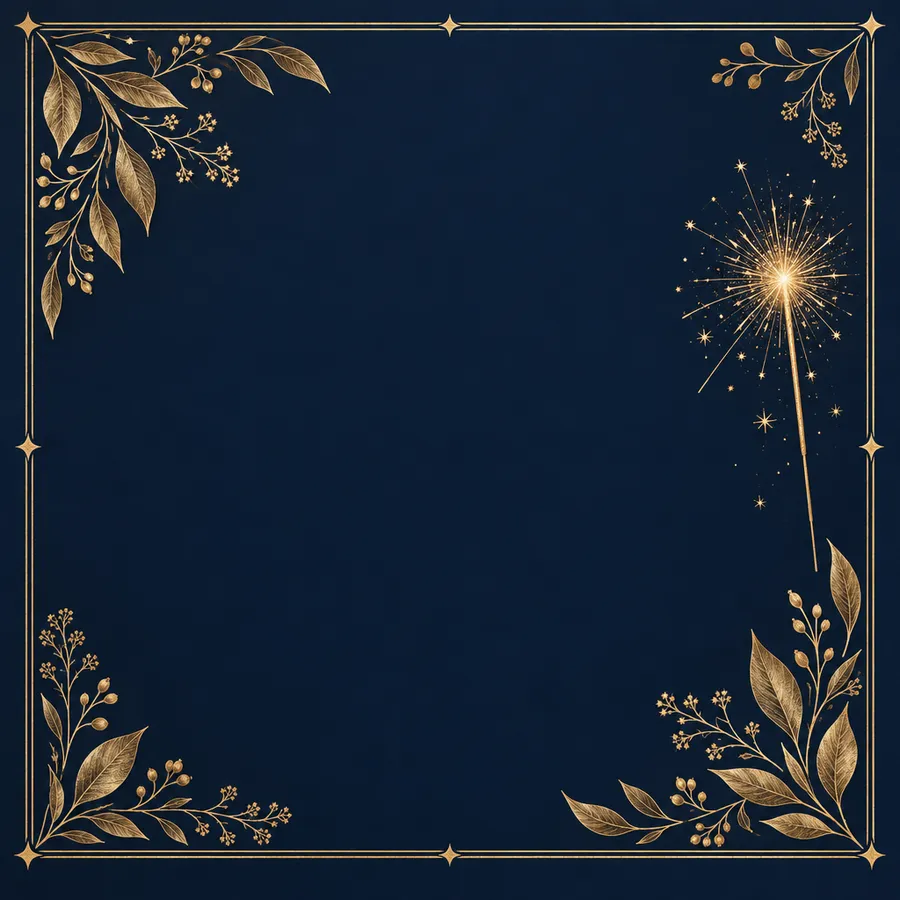Navy birthday card artwork with gold botanical line work and a thin gold border