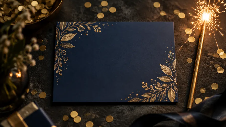 Navy and gold birthday card with a lit sparkler candle and gold confetti on a dark table