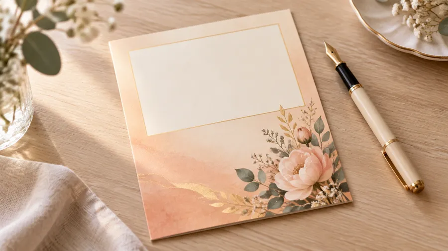 Birthday card with a blank cream panel and a floral corner, lying on a wooden table with a pen