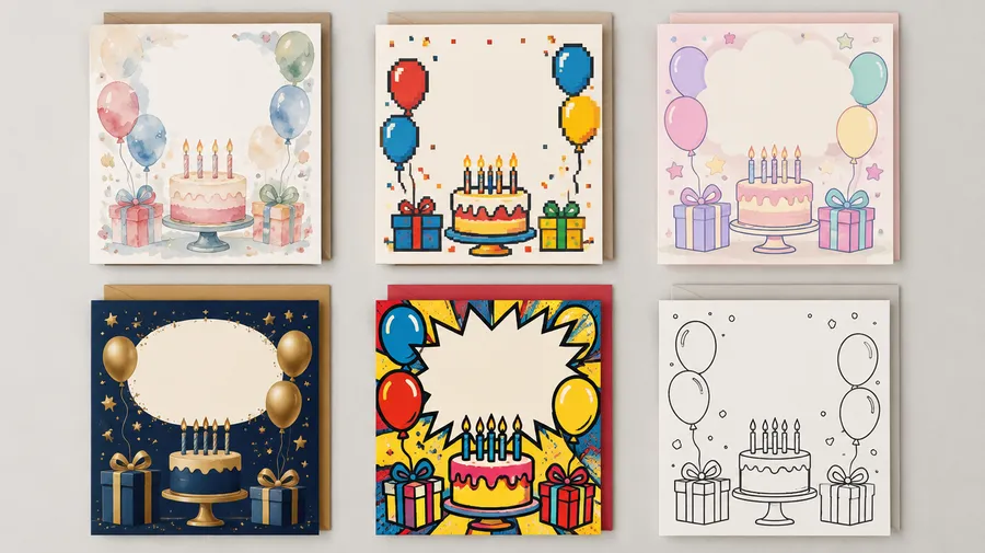 Six versions of one birthday card design in different art styles arranged in a grid