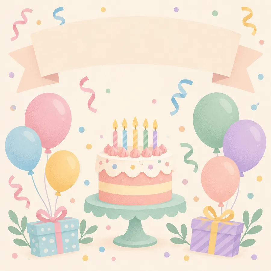 Pastel birthday card artwork with balloons, streamers and a layered cake, blank band at top