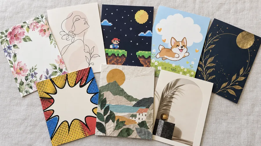 Eight birthday card designs in different art styles fanned out on a pale linen surface