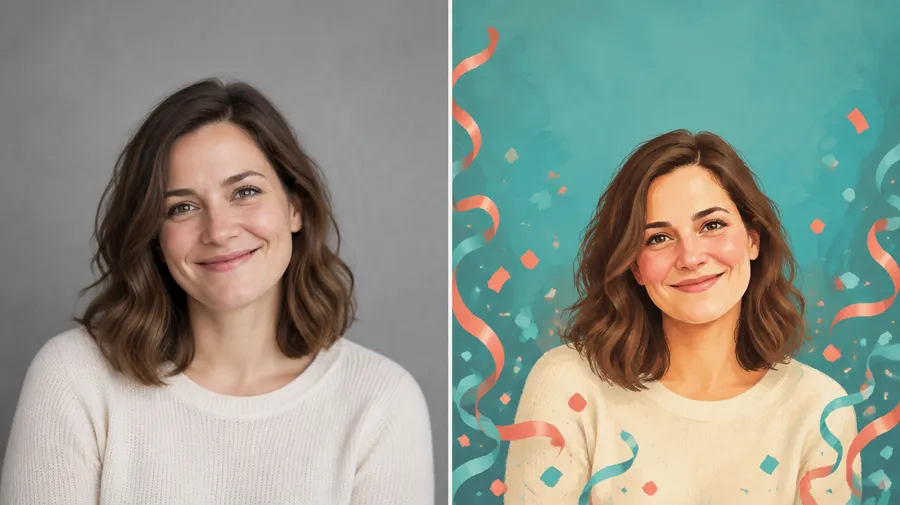Photo portrait of a woman beside the same portrait redrawn as an illustration with streamers