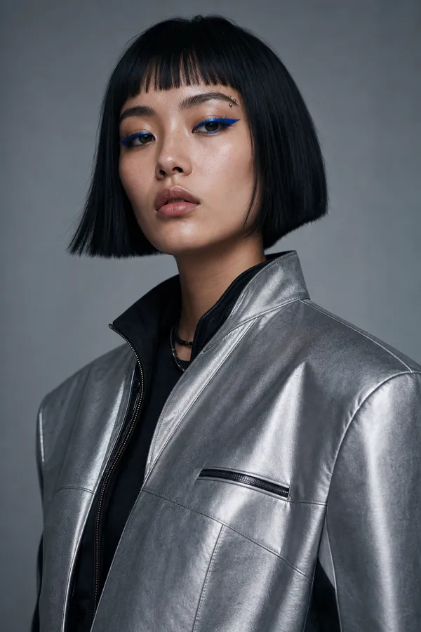 AI-generated studio portrait of the campaign character, an East Asian woman with a jet-black blunt bob, cobalt-blue winged eyeliner and a silver eyebrow piercing, wearing a metallic silver leather jacket on a plain grey backdrop; her master reference in getimg.ai.