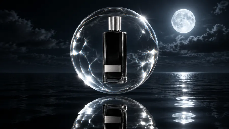 A surreal product shot of the black fragrance bottle suspended inside a giant transparent glass sphere above a calm dark ocean at night, lit by a full moon and its reflection on the water. An example of the impossible campaign scenes AI product photography can create. Generated with getimg.ai.