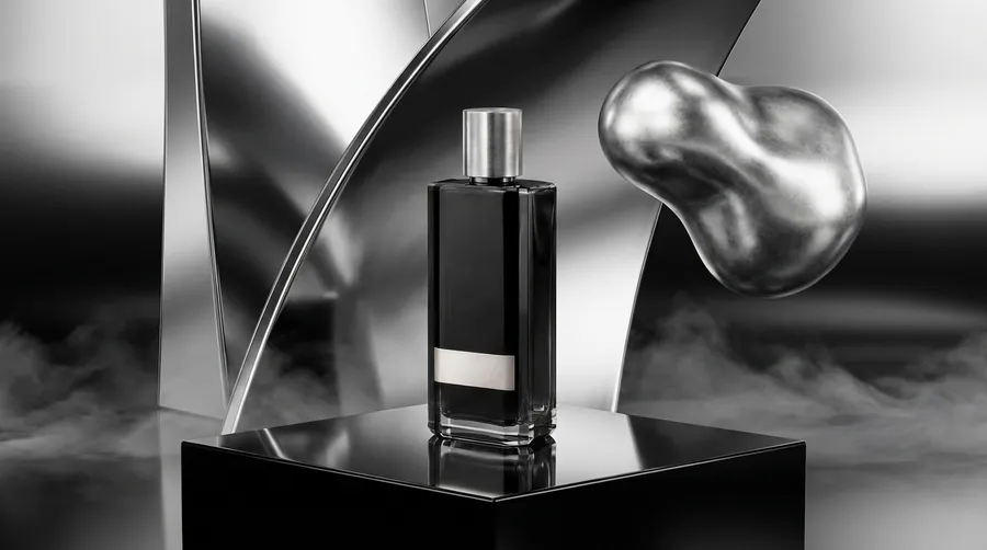 The black fragrance bottle on a black pedestal in a chrome-and-mist set with a distracting floating silver blob to the right, the starting image in an editing example before the unwanted object is removed. Generated with getimg.ai.