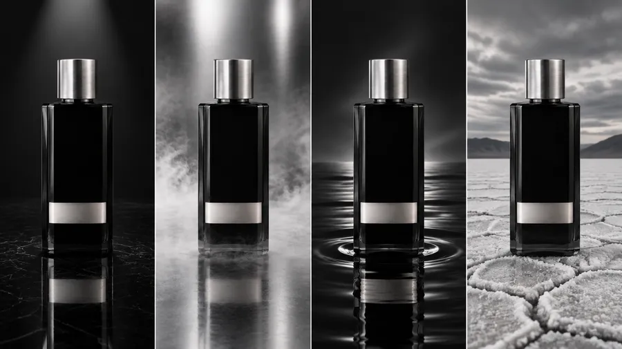 The same black glass fragrance bottle shown in four different backgrounds and lighting setups, from black marble and a misty spotlight to dark rippling water and a salt-flat landscape, illustrating the core rule of keeping the product fixed while the world around it changes. Generated with getimg.ai.