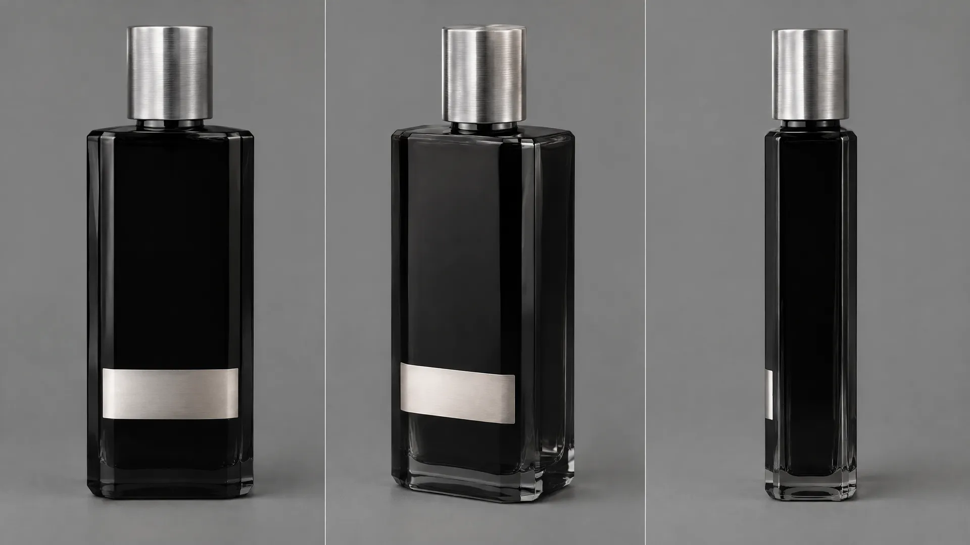 Three turnaround views (front, angled, and narrow side) of the same black glass fragrance bottle with a silver cap on a grey background, showing how to confirm the reference product reads correctly from every angle before generating any scenes. Generated with getimg.ai.