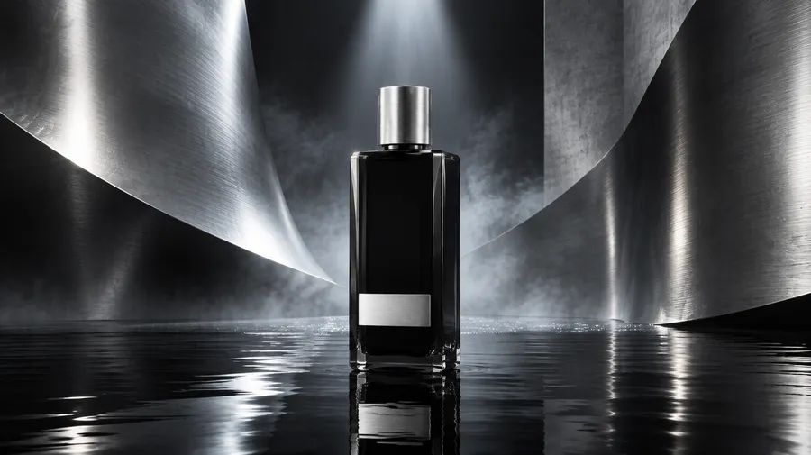 The black fragrance bottle standing in a sculptural set built from large curved brushed-chrome sheets over a black reflective water floor, with atmospheric mist and a narrow overhead spotlight. An example of designing the set like an art director. Generated with getimg.ai.