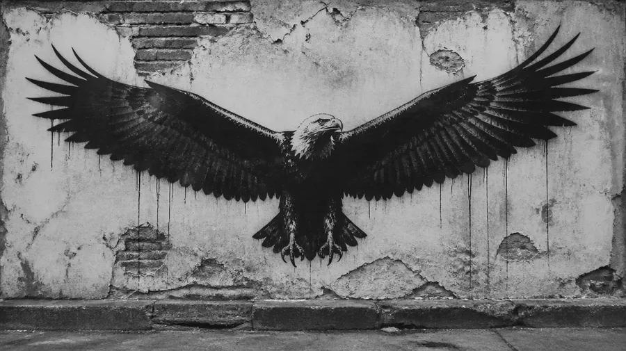 Black stencil graffiti of an eagle with wings spread wide on a cracked wall, made with getimg.ai's AI graffiti generator