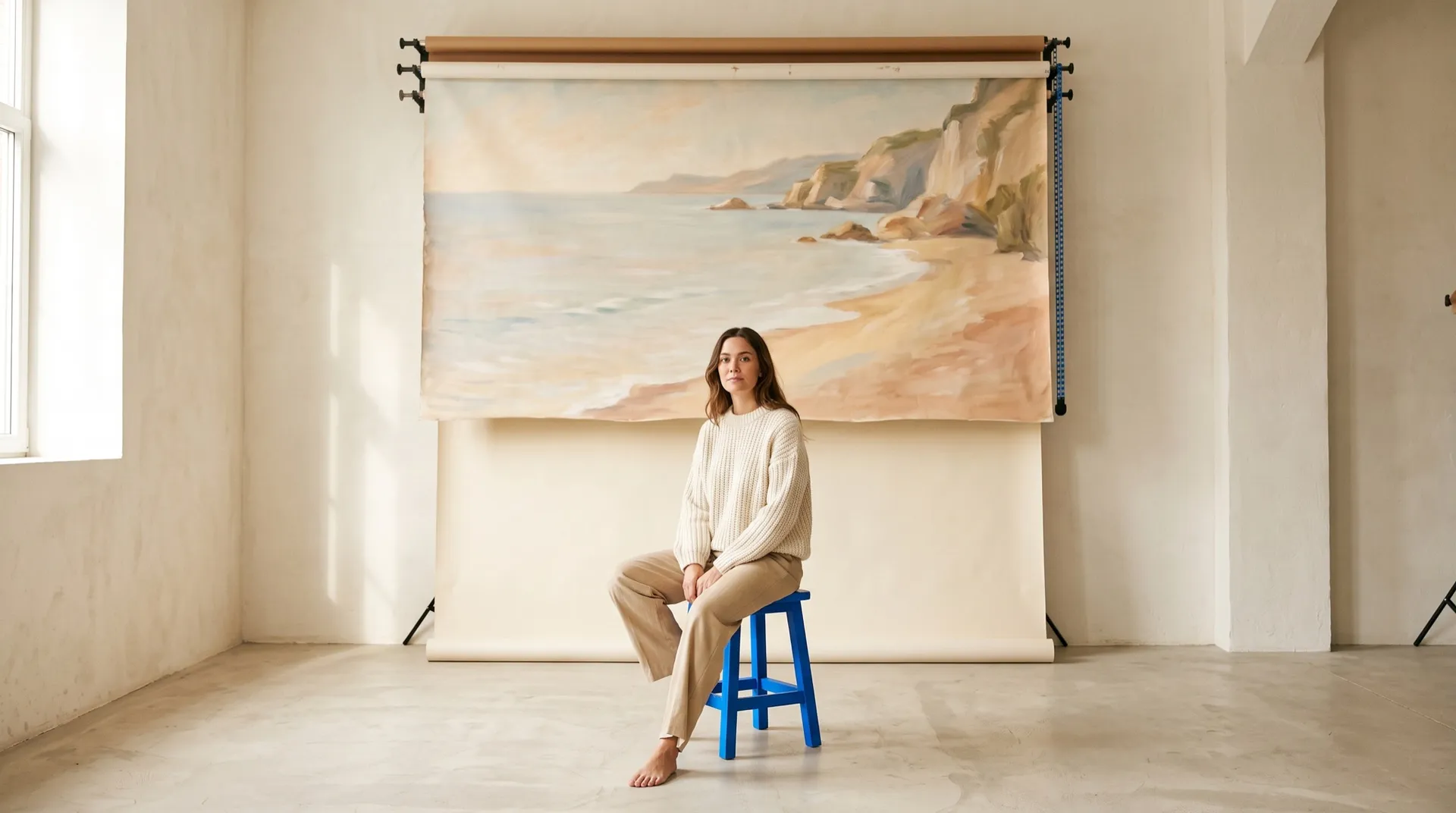 A woman on a blue stool in a bright photo studio as a painted coastline backdrop is lowered behind her, featured image for a guide to changing a video background with AI, created on getimg.ai