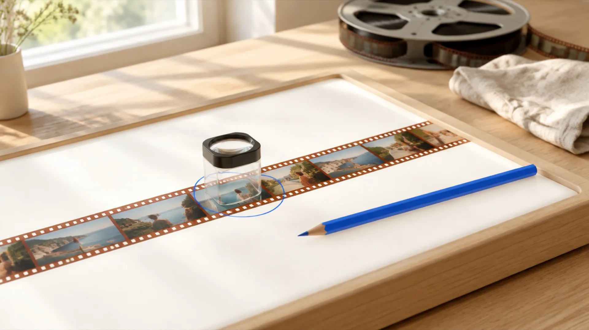 A film strip on a light table with one shot circled in blue next to a loupe and a blue pencil, featured image for a guide to editing video with AI, created on getimg.ai