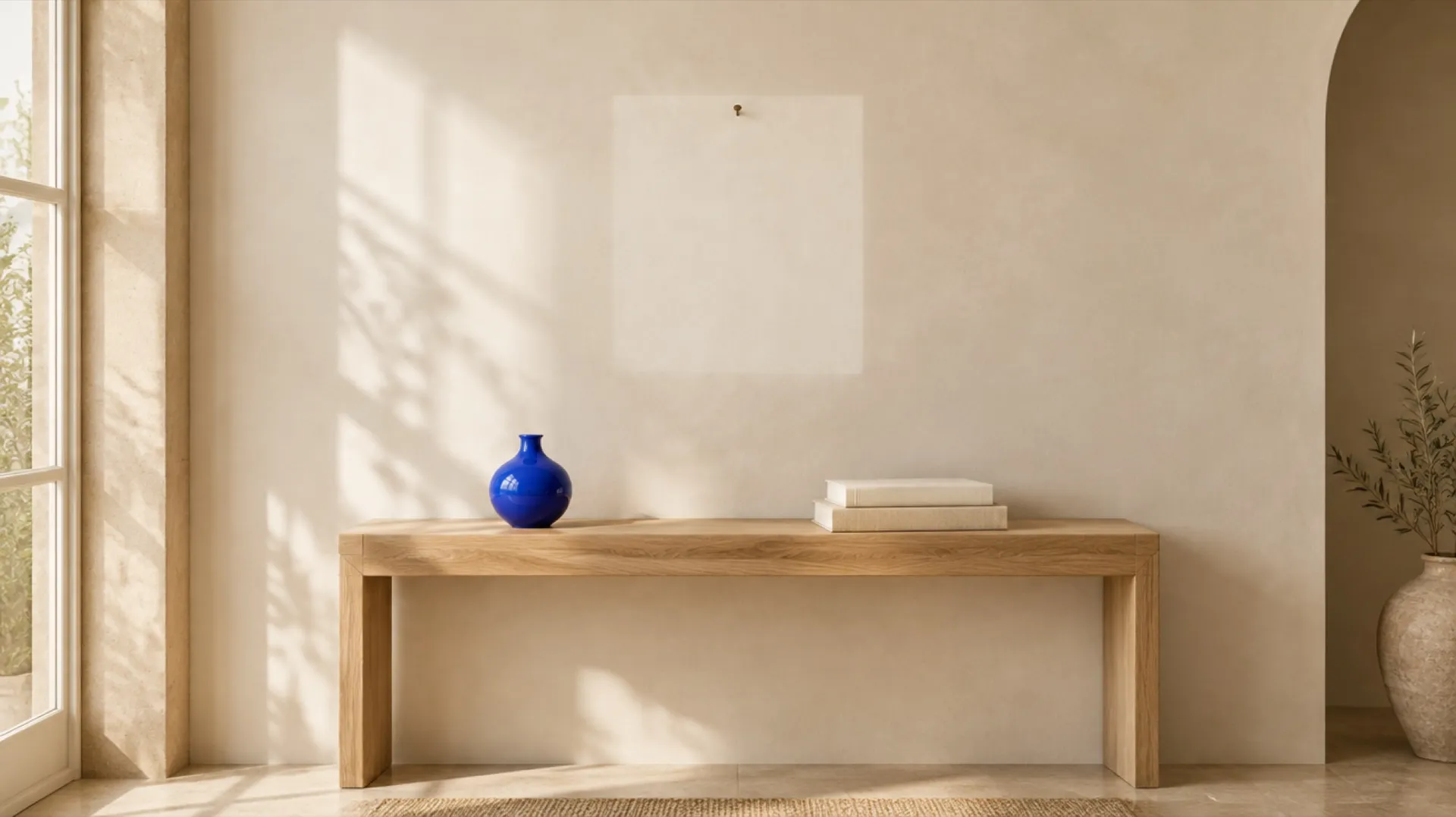 A sunlit cream wall with a clean patch and a nail where a framed picture was taken down, above a console with a blue vase, featured image for a guide to removing objects from video with AI, created on getimg.ai
