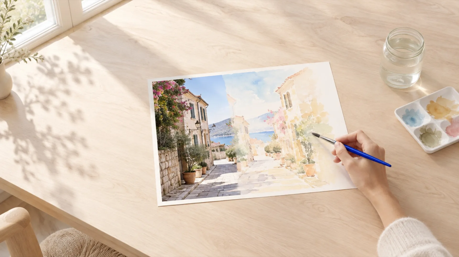 A hand painting watercolor over a printed street photo, half photograph and half painting, with a blue brush on a pale oak table, featured image for a guide to restyling video with AI, created on getimg.ai