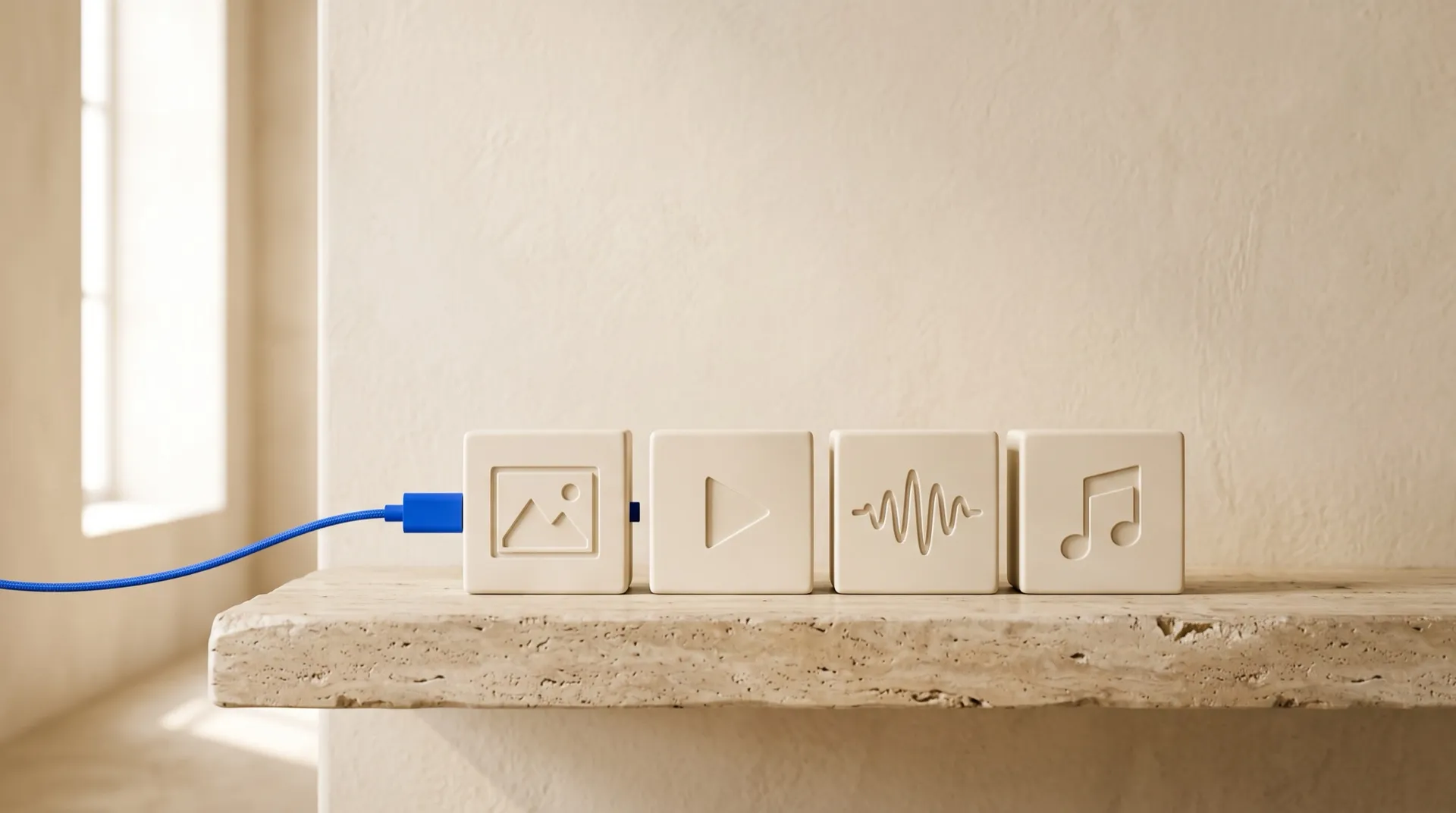 Four cream stone blocks carved with image, video, sound wave and music symbols on a travertine ledge, with a blue cable plugged into the first, featured image for a guide to the getimg.ai MCP server, created on getimg.ai